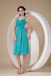 Turquoise Spaghetti Straps Prom Dama Dresses with Bowknot in Chiffon