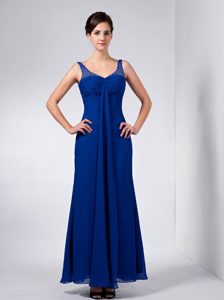 Blue Column Straps Ankle-length Prom Dama Dress in Taffeta with Beading