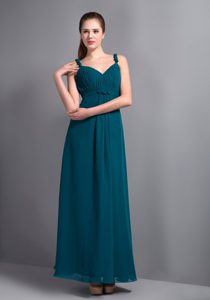 Affordable Turquoise V-neck Ankle-length Prom Dama Dresses in Chiffon