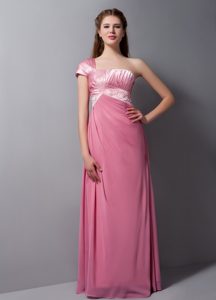 Pink Column One Shoulder Beaded Prom Dama Dress in Taffeta and Chiffon