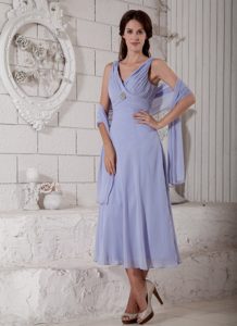 Lilac Empire V-neck Tea-length Chiffon Dama Dress with Ruching for Cheap