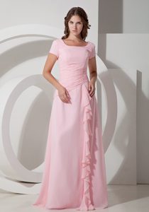 Baby Pink Empire Square Long Dama Dress in Chiffon with Beading
