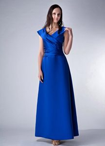 Column V-neck Ankle-length Satin Dama Dresses in Royal Blue Best Seller