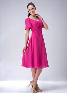Hot Pink V-neck Tea-length Chiffon Dama Dress with Short Sleeves