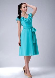 Popular V-neck Quinceanera Damas Dresses with Sash in Turquoise Blue