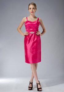 Coral Red Column Straps Taffeta Beaded Dama Dress for Quinceanera