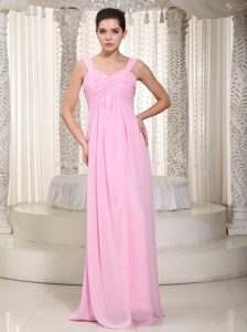 Baby Pink Straps Long Chiffon Ruched Damas Dress for Quince