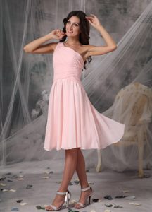 Custom One Shoulder Chiffon Empire Quince Dama Dresses in Baby Pink