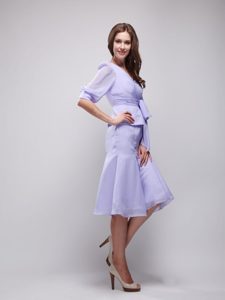 Lavender Column V-neck Damas Dress for Quince in Chiffon with Ruche