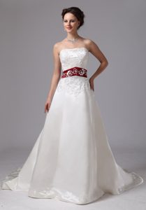 Luxurious Wine Red and White Chapel Train Wedding Dress with Embroidery