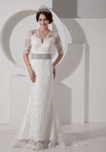 Impressive Ivory V-neck Zipper-up Dress for Wedding with Belt