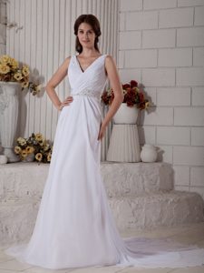Charming V-neck Ruched and Beaded Chiffon Wedding Reception Dresses