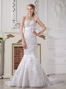 Romantic Mermaid Strapless Court Train Lace Dresses for Brides with Sash