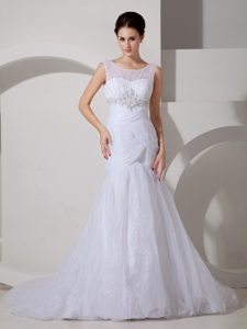 2013 Best Seller Mermaid Scoop Ruched Tulle Bridal Dresses with Appliques