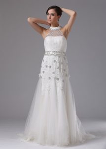 Exquisite High-neck Beaded Lace-up Long Bridal Dresses for Church Wedding