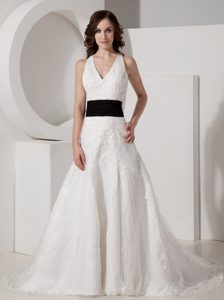 Discount Halter Top Satin and Lace Dresses for Brides with Black Belt