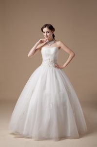 Special Strapless Long Satin and Tulle Bridal Dresses with Appliques
