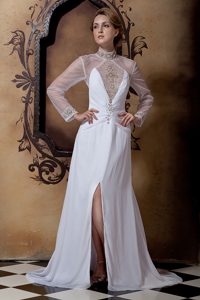 Beautiful Empire High-neck Court Train Chiffon Wedding Gown with High Slit
