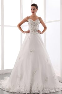 Spaghetti Satin and Lace Beaded Chapel Train Exquisite Dresses for Wedding