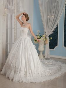 Strapless Lace-up Taffeta Luxurious Fall Wedding Dress with Cathedral Train