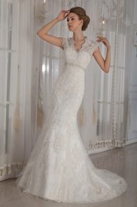Mermaid V-neck 2012 Magnificent Lace Bridal Dresses for Summer Wedding