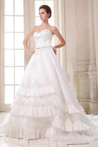 Romantic Sweetheart Appliqued Taffeta Court Train Spring Dresses for Brides