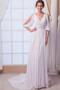 V-neck Chiffon Ruched and Beaded Special Bridal Dresses with Court Train