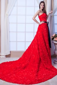 Red Lace-up Strapless Luxurious Wedding Dresses with Cathedral Train