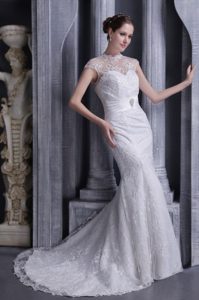 Mermaid High-neck Lace and Satin Beaded 2013 Romantic Dresses for Bridals