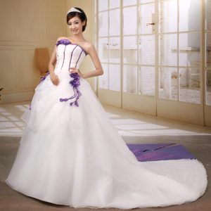 Strapless Court Train White and Purple Wedding Dress with Flowers and Big Bow