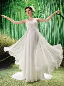 V-neck Straps White Chiffon Wedding Dress with Beading for Cheap