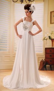 Pretty Square Straps Ruched Chiffon Wedding Dress with Appliques