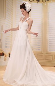 V-neck Straps Court Train Chiffon Wedding Dresses with Appliques and Ruching