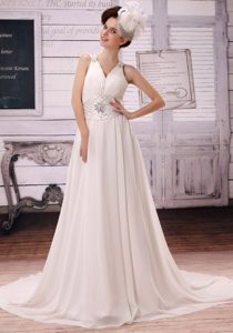 V-neck Court Train Ruched Chiffon Champagne Wedding Dresses with Appliques