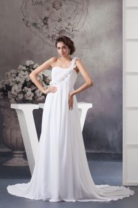 Amazing One Shoulder Court Train Ruched Chiffon Wedding Dresses with Flowers