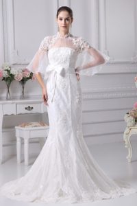 High-neck Half Sleeves Mermaid Lace Wedding Dress with Bowknot