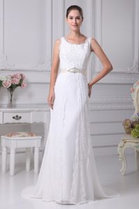 Scoop Straps Lace Wedding Dress with Beading and Sash for Cheap