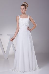 Square Straps Chiffon Dress for Wedding with Ruching and Beading