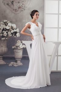 Flounced V-neck White Chiffon Wedding Dresses with Beaded Waist