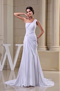 One Shoulder White Chiffon Summer Wedding Dresses with Ruching