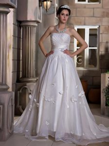 Ruched Strapless Court Train Organza Wedding Dress with Flower on Promotion