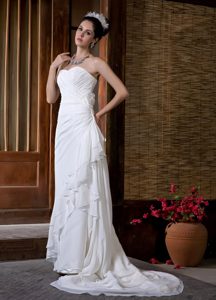 Strapless White Chiffon Ruched Layered Wedding Dress with Flower