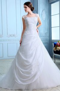Best Square Straps Court Train Organza Drapped Wedding Dress with Appliques
