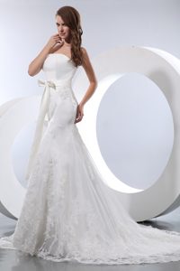 Strapless Mermaid Court Train White Satin and Lace Wedding Dress with Bowknot