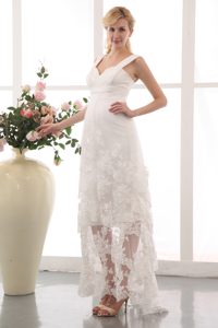 Best Ruched Straps Ankle-length Lace Dress for Beach Wedding with Appliques