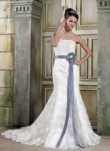 Chic Strapless White Lace Wedding Dress with Gray Sash and Flower