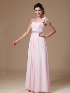 Chiffon One Shoulder Beaded Prom Dresses for Petite Girls with Flowers