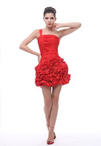 Red Beaded and Ruched Prom Dress for Short Girls with Handle Flowers