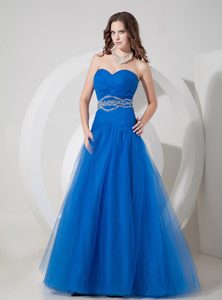 New Blue Prom Dress for Slim Girls in Tulle with Beading and Ruche