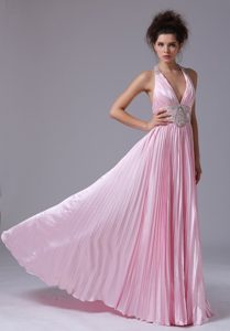 Cute Pink Empire Halter Taffeta Beaded Informal Prom Dress with Ruffles